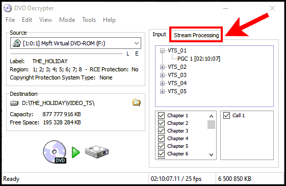 Sélectionner stream processing dans DVD Decrypter